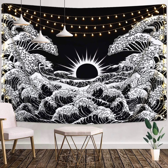 Black & White Moon and Waves Tapestry - Picture 2 of 7